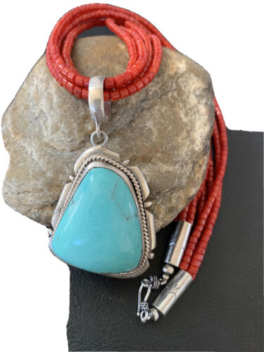 Navajo Red Coral Turquoise Bead Necklace Pendant | Sterling Silver | Multi-Strand | 1953