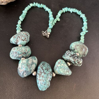 Navajo Chunky Blue Turquoise Nugget Necklace | Sterling Silver | Authentic Native American Handmade | 20" | 14417