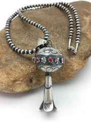 Navajo Red Coral Naja Pendant Necklace | Sterling Silver | Authentic Native American Handmade | 2619