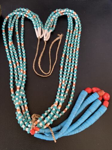 Native American Santo Domingo Spiny Blue Turquoise Shell Jacla Necklace | 5 Strand | 36" | 13188