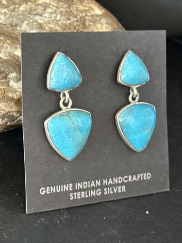 Navajo Blue Turquoise Dangle Earrings | Sterling Silver | 1" | Authentic Native American Handmade | 14771