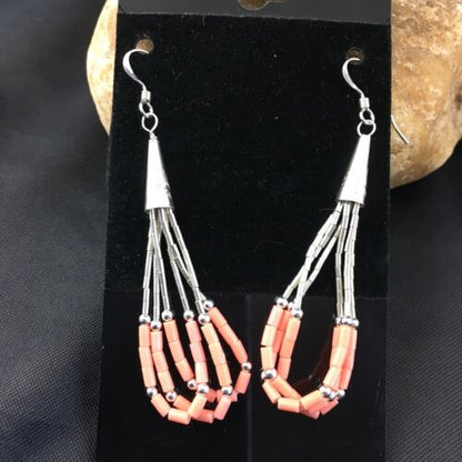 Native American Liquid Silver Heishi Dangle Earrings | Pink Coral | Sterling Silver | 2" | 2029