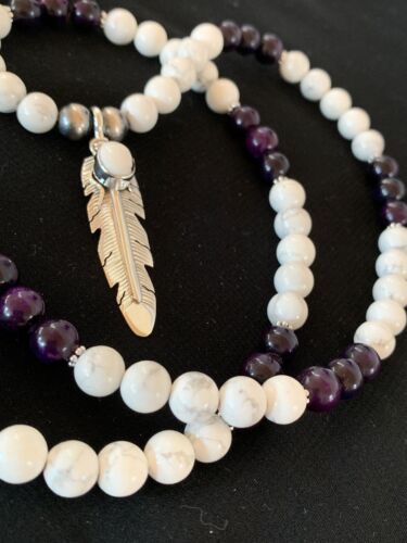 Men's Sugilite Beads Necklace with White Buffalo Pendant | Sterling Silver | Native American Handmade | 2557