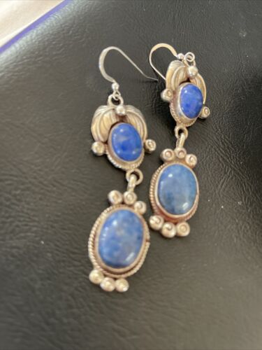 Native American Navajo Denim Lapis Dangle Earrings | Sterling Silver | 2" | 01681