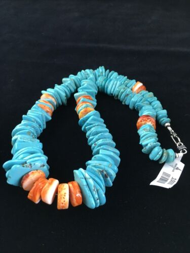 Navajo Natural Blue Turquoise & Spiny Oyster Graduated Necklace | Sterling Silver | Authentic Native American | 20" | 10000