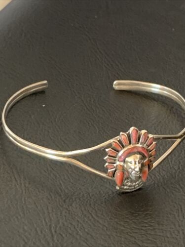 Native American Indian Head Coral Cuff Bracelet | Sterling Silver | Authentic Handmade | 1691 - Masha USA
