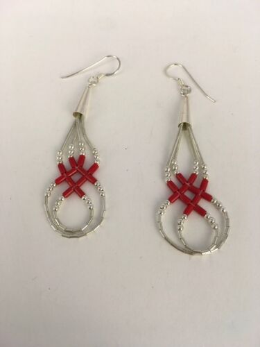 Native American Red Coral Heishi Tube Dangle Earrings | Sterling Silver | 2" | 8877