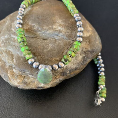 Navajo Green Gaspeite Turquoise Pendant | Sterling Silver | Authentic Native American Handmade | 13274 - Masha USA