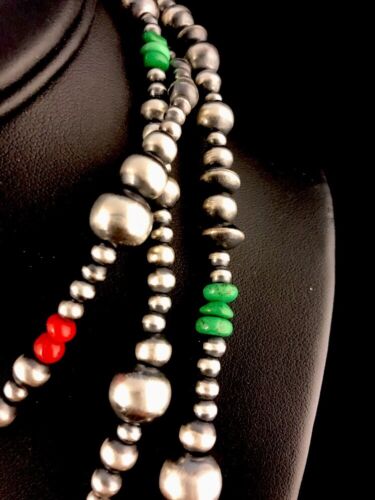 Navajo Pearls Turquoise Coral Bead Necklace | 51" Single Strand Sterling Silver | Southwestern Native American | 8112