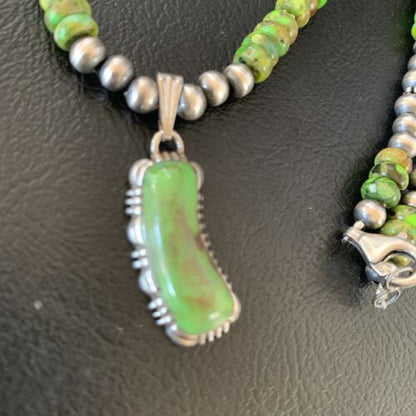 Navajo Green Gaspeite Turquoise Pendant | Sterling Silver | Authentic Native American Handmade | 13272