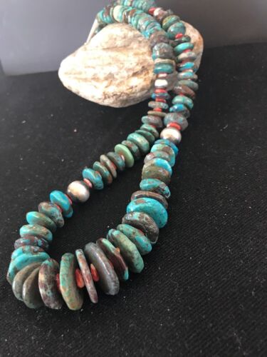 Navajo Blue Turquoise & Spiny Oyster Necklace | Sterling Silver | Authentic Native American | 24" | 202