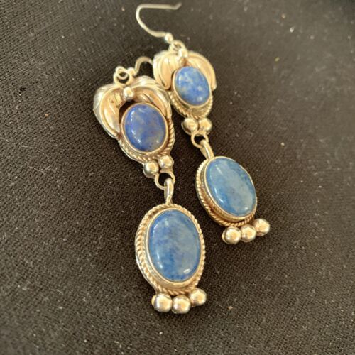 Native American Navajo Denim Lapis Dangle Earrings | Sterling Silver | 2" | 1682