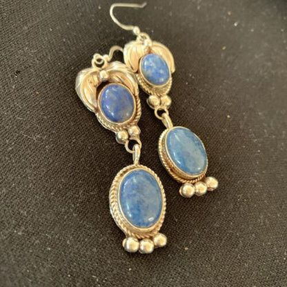 Native American Navajo Denim Lapis Dangle Earrings | Sterling Silver | 2" | 1682 - Masha USA