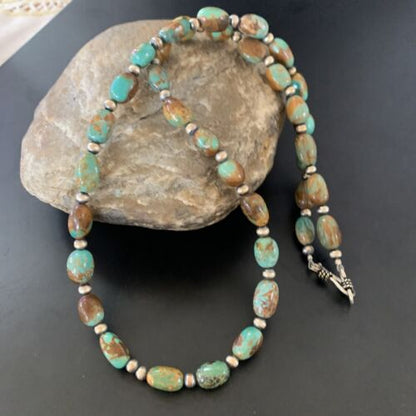 Navajo Pearls Royston Bead Green Turquoise Necklace | Sterling Silver | Authentic Native American Handmade | 20" | 11464