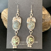 Navajo Green Spiderweb Turquoise Dangle Earrings | Sterling Silver | Authentic Native American Handmade | 13545