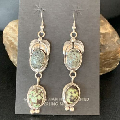 Navajo Green Spiderweb Turquoise Dangle Earrings | Sterling Silver | Authentic Native American Handmade | 13545