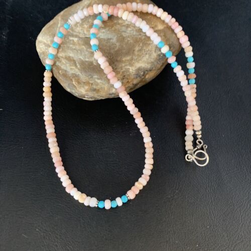 Navajo Blue Turquoise Pink Opal Bead Necklace | Sterling Silver | Authentic Native American Handmade | 22" | 13592