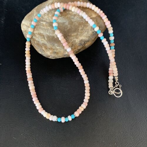 Native Blue Turquoise Pink Opal Bead Sterling Silver Necklace Navajo 13592
