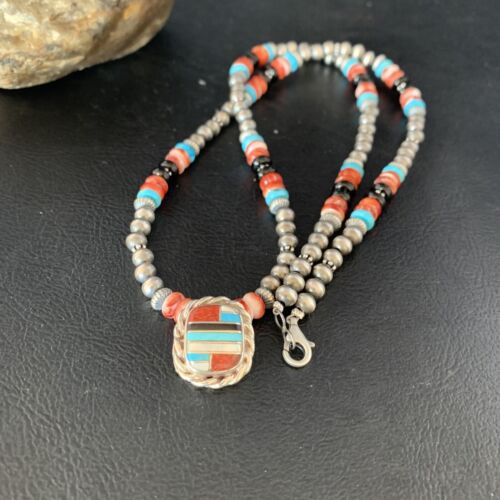 Authentic Navajo Sterling Silver Necklace | Turquoise & Onyx Multi-Color Inlay Pendant | Native American Jewelry | 13558