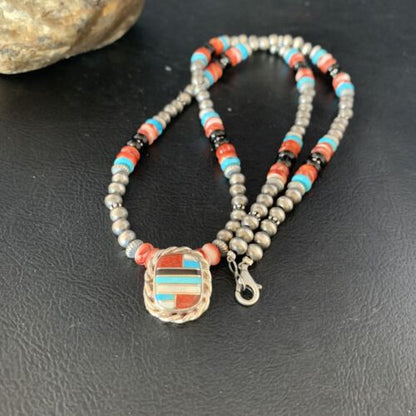 Authentic Navajo Sterling Silver Necklace | Turquoise & Onyx Multi-Color Inlay Pendant | Native American Jewelry | 13558