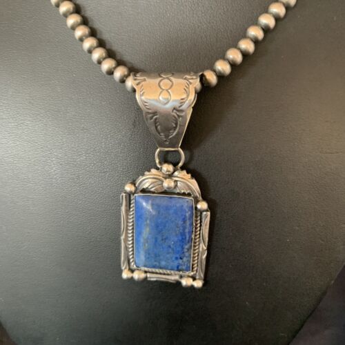 Navajo Denim Lapis Necklace with Pendant | Sterling Silver Pearls | Authentic Native American Handmade | 12438