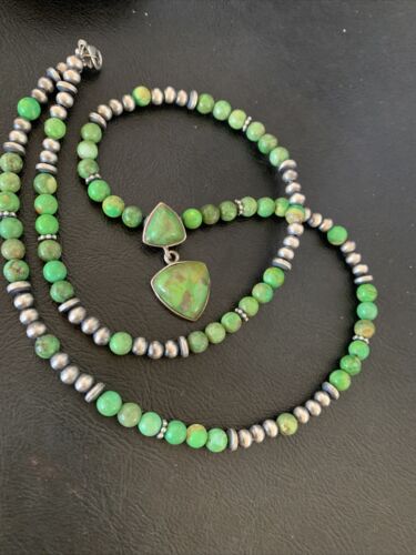 Navajo Green Gaspeite Turquoise Pendant | Sterling Silver | Authentic Native American Handmade | 12343
