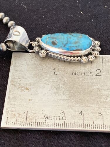 Men's Navajo Pearls Necklace with Blue Kingman Turquoise Pendant | Sterling Silver | Native American Handmade | 12962 - Masha USA
