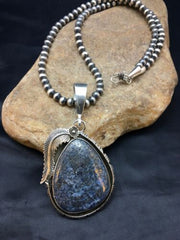 Men's Lapis Pendant | Sterling Silver Navajo Pearls Necklace | Authentic Native American Handmade | 1752