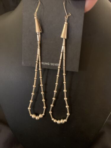 Navajo XL Liquid Heishi Sterling Silver Pearls Beads Earrings | 4" | Authentic Native American Handmade | 13034
