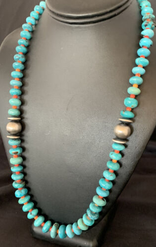 Navajo Natural Turquoise and Spiny Oyster Necklace | Sterling Silver | 25" | Authentic Native American Handmade | 13235