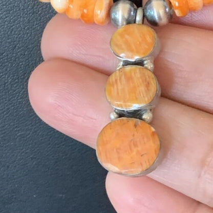 Navajo Pearls Necklace with Orange Spiny Oyster Pendant | Authentic Native American Sterling Silver | Multi-Stone | 12370