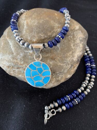 Navajo Sterling Silver Lapis Blue Turquoise Inlay Pendant Necklace | Authentic Native American Handmade | 1172