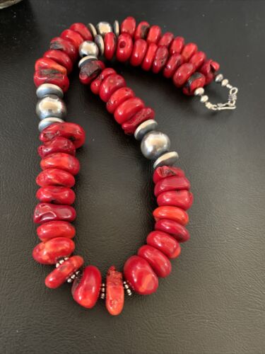 Navajo Red Coral Bead Necklace | Sterling Silver | 20" | Authentic Native American Handmade | 13375