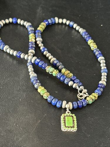 Navajo Green Turquoise and Lapis Pendant Necklace | Sterling Silver | Authentic Native American Handmade | 14634