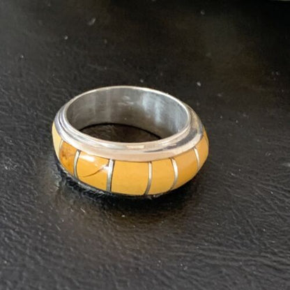 Navajo Yellow Gold Turquoise Inlay Ring | Sterling Silver | Sz 6.5 | Authentic Native American Handmade | 10354