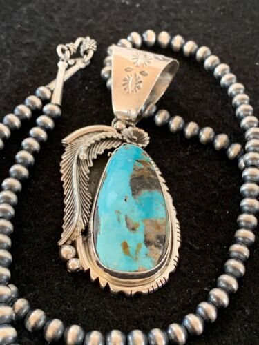 Men's Kingman Turquoise Pendant | Navajo Pearls Sterling Silver Necklace | Authentic Native American Handmade | 4301