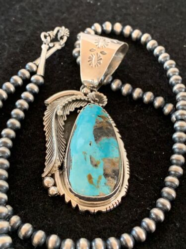 Men's Kingman Turquoise Pendant | Navajo Pearls Sterling Silver Necklace | Authentic Native American Handmade | 4301