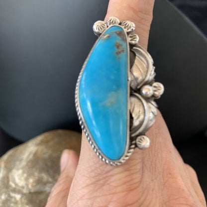 Navajo Blue Kingman Turquoise Ring | Sterling Silver Feather | Sz 9.5 | 10854