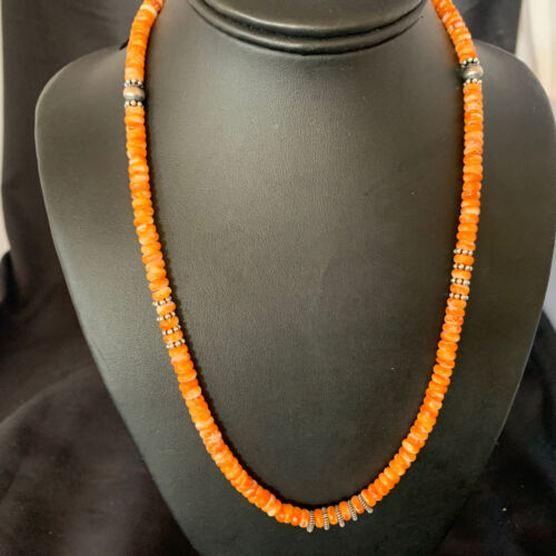 Navajo Pearls Orange Spiny Oyster Necklace | Sterling Silver | 20" | 6mm | Authentic Native American Handmade | 12949 - Masha USA
