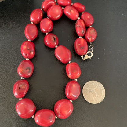 Native American Navajo Red Coral Bead Necklace | Sterling Silver | 18" | 13408 - Masha USA