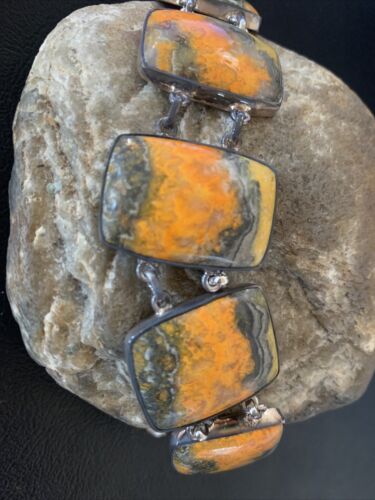 Navajo Bumblebee Jasper Link Bracelet | Sterling Silver | 5 Stone | 7.5" | Authentic Native American Handmade | 11655