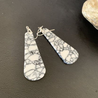 Navajo White Buffalo Turquoise Dangle Earrings | Sterling Silver | 2" | Authentic Native American Handmade | 11751