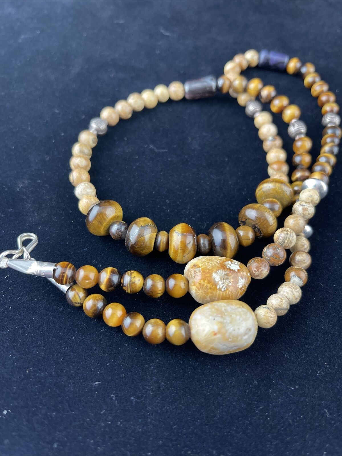 Women's Graduated Tigers Eye & Picture Jasper Necklace | Sterling Silver | Authentic Native American | 24" | 10075
