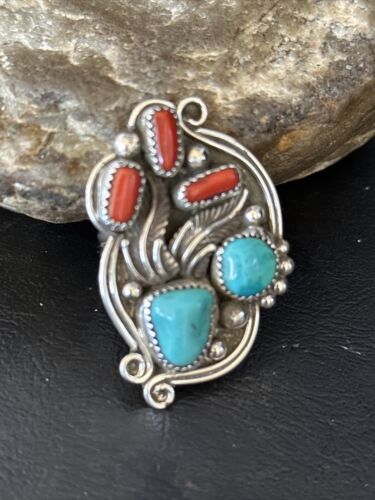 Navajo Blue Kingman Turquoise Coral Ring | Authentic Native American Sterling Silver | Multi-Stone | Sz 9.5 | 14499