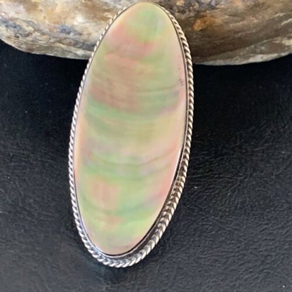 Native American Green Mother of Pearl Inlay Ring | Navajo Sterling Silver | Sz 7.5 | 12939