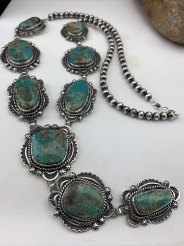 Navajo Sterling Silver Lariat Necklace with Royston Turquoise Squash Pendant | 01546