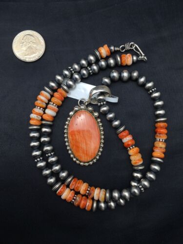 Navajo Orange Spiny Oyster Pendant Necklace | Sterling Silver | Authentic Native American Handmade | 8687