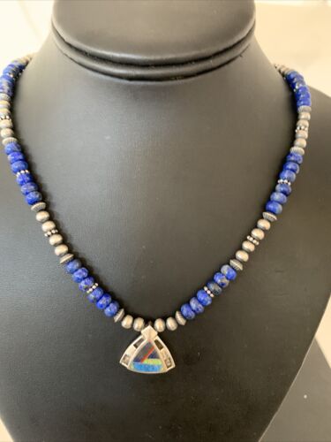 Authentic Native American Sterling Silver Navajo Pearls Necklace with Lapis Inlay Pendant | 01926
