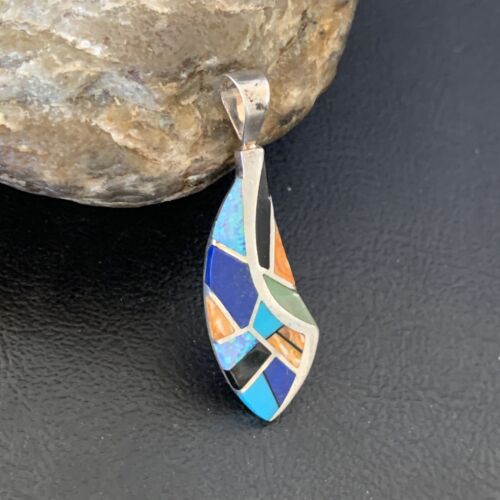 Navajo Spiny Blue Opal Lapis Pendant | Sterling Silver Inlay | Authentic Native American Handmade | 12276