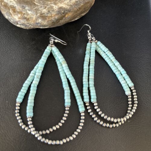 Navajo Turquoise Heishi Beads Earrings | Sterling Silver | 5" | Authentic Native American Handmade | 14295